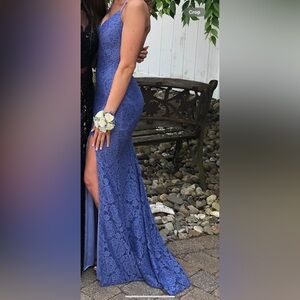 Lilac lace la femme open back gown with slit